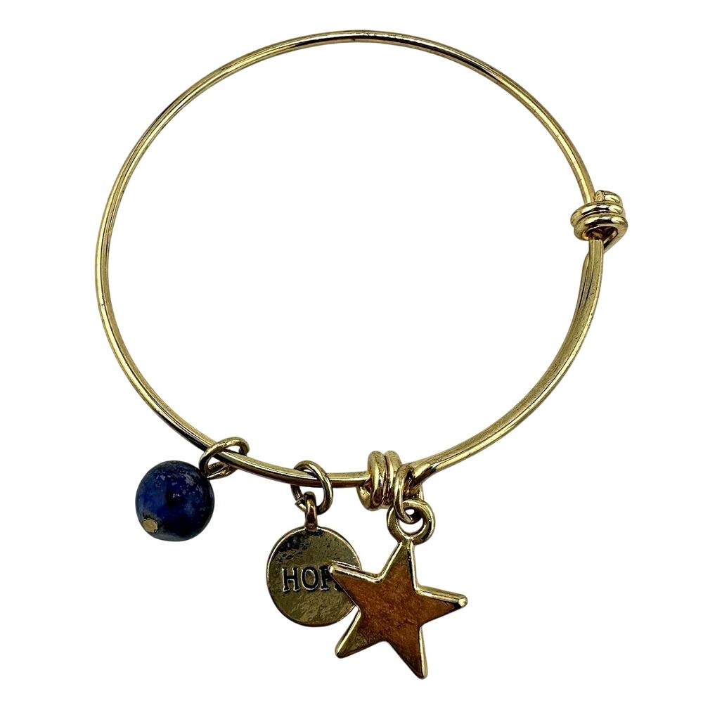 Hope Star Charm Sodalite Bead Inspirational Cute Gold Tone Bangle 7” Bracelet